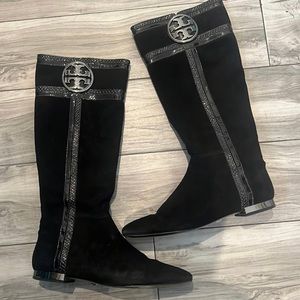 Tory Burch Sabina Suede with Snakeskin Embossed Patent Leather Trim Boots Sz 8.5